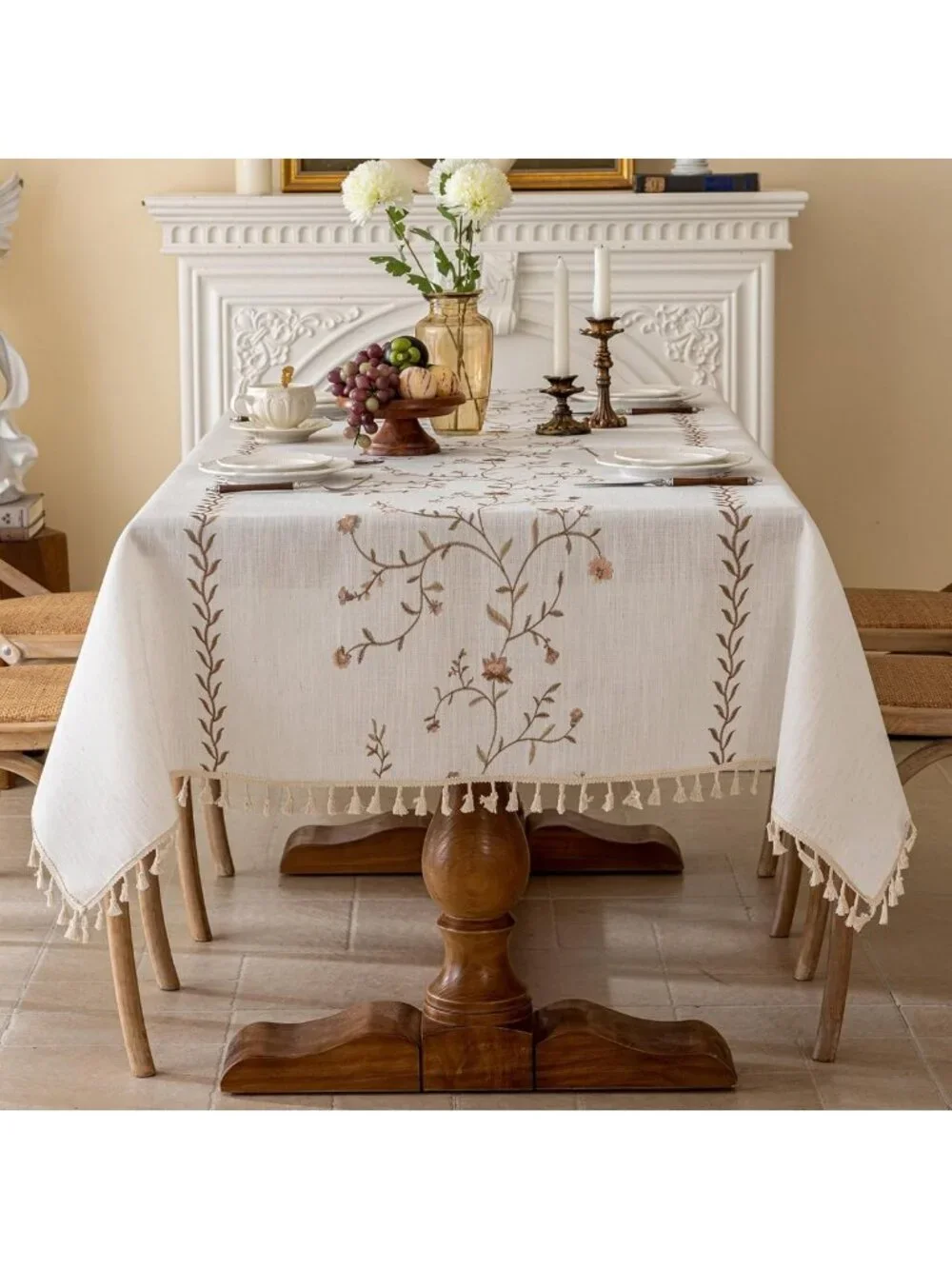 Waterproof Linen Tablecloth with Tassels, Rustic Floral Embroidery, 55